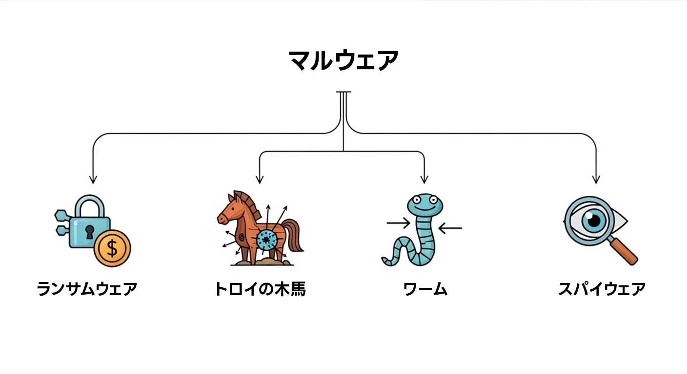 A diagram showing malware branching into four types: ransomware, Trojan horse, worm, and spyware.