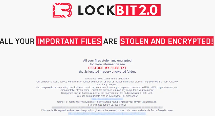 Screenshot of a LockBit 2.0 ransomware note warning that files are encrypted, with redacted contact details.