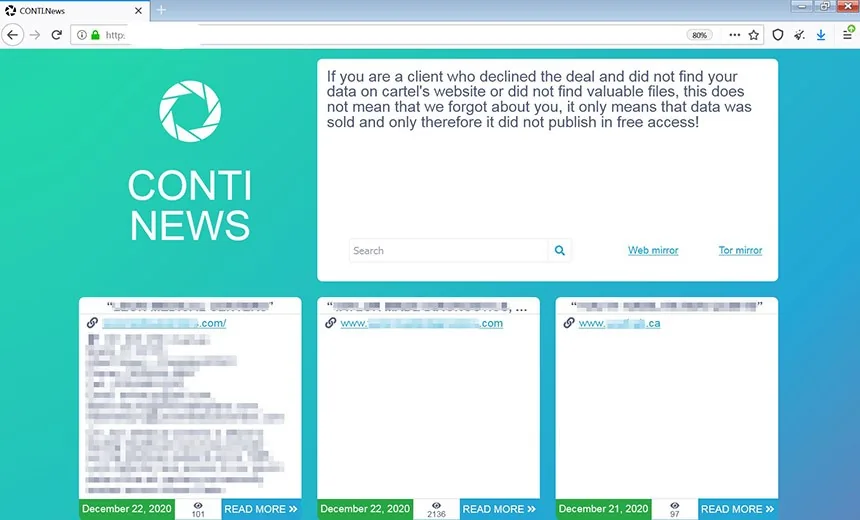 Screenshot of the Conti News ransomware leak site showing redacted victim posts and a message to clients.