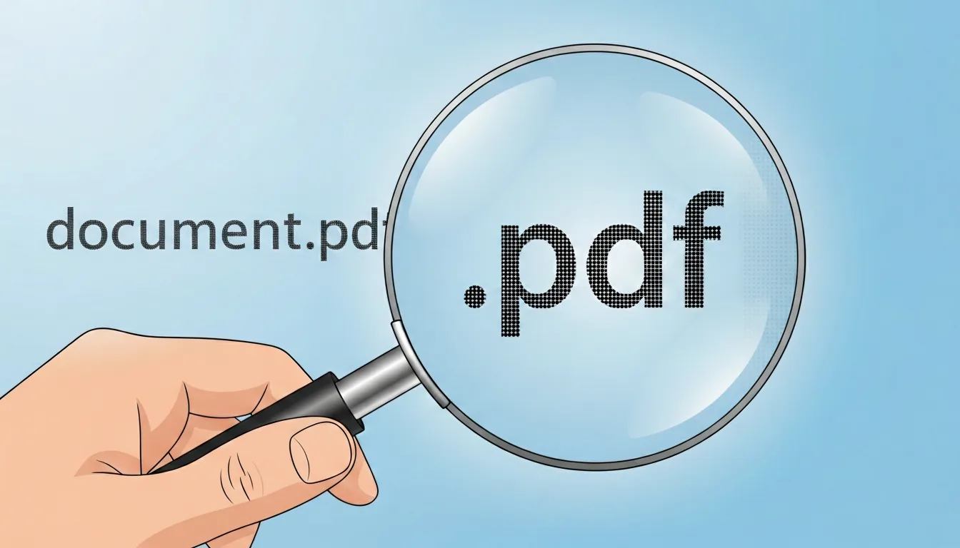 A hand holding a magnifying glass over "document.pdf" to zoom in on the ".pdf" file extension.