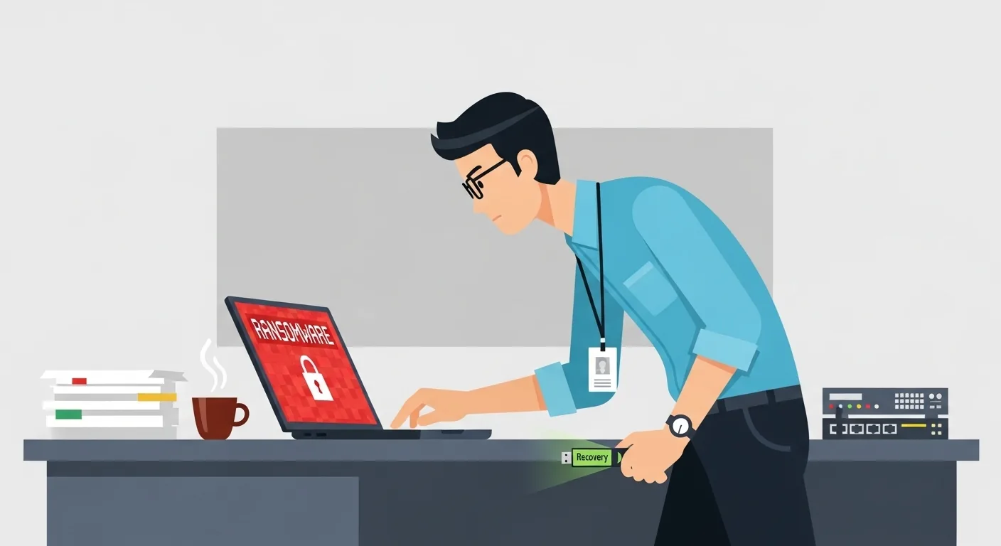 Illustration of a man looking at a laptop displaying "RANSOMWARE" while holding a "Recovery" USB drive.