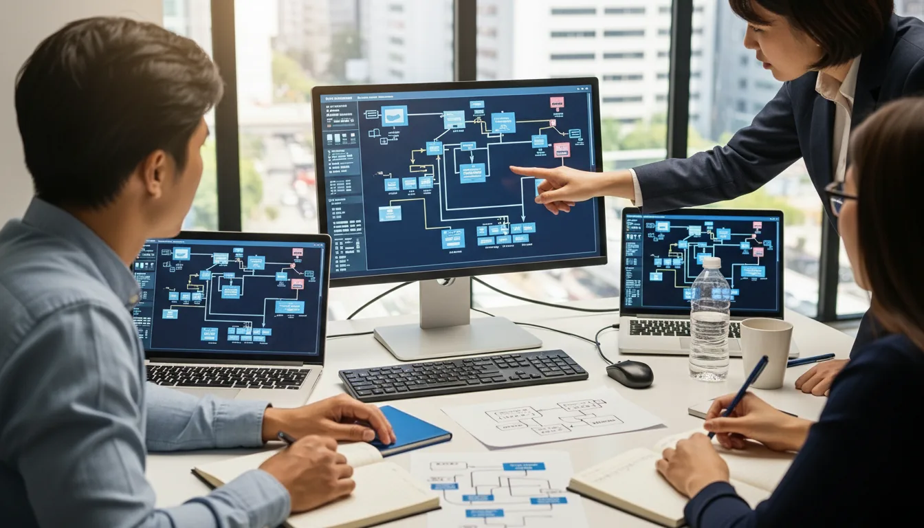 IT professionals analyzing system architecture diagrams on computer monitors and paper during a meeting.
