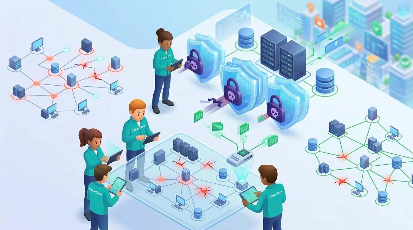 ネットワークの脆弱性やサイバー脅威を監視・防御するCyberCrewの専門家を描いたイラスト。