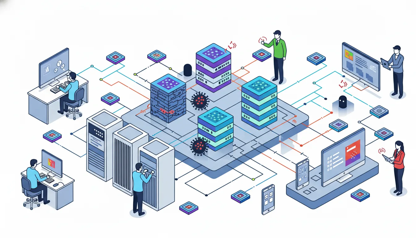 An isometric illustration of IT professionals managing a server network targeted by malware icons.