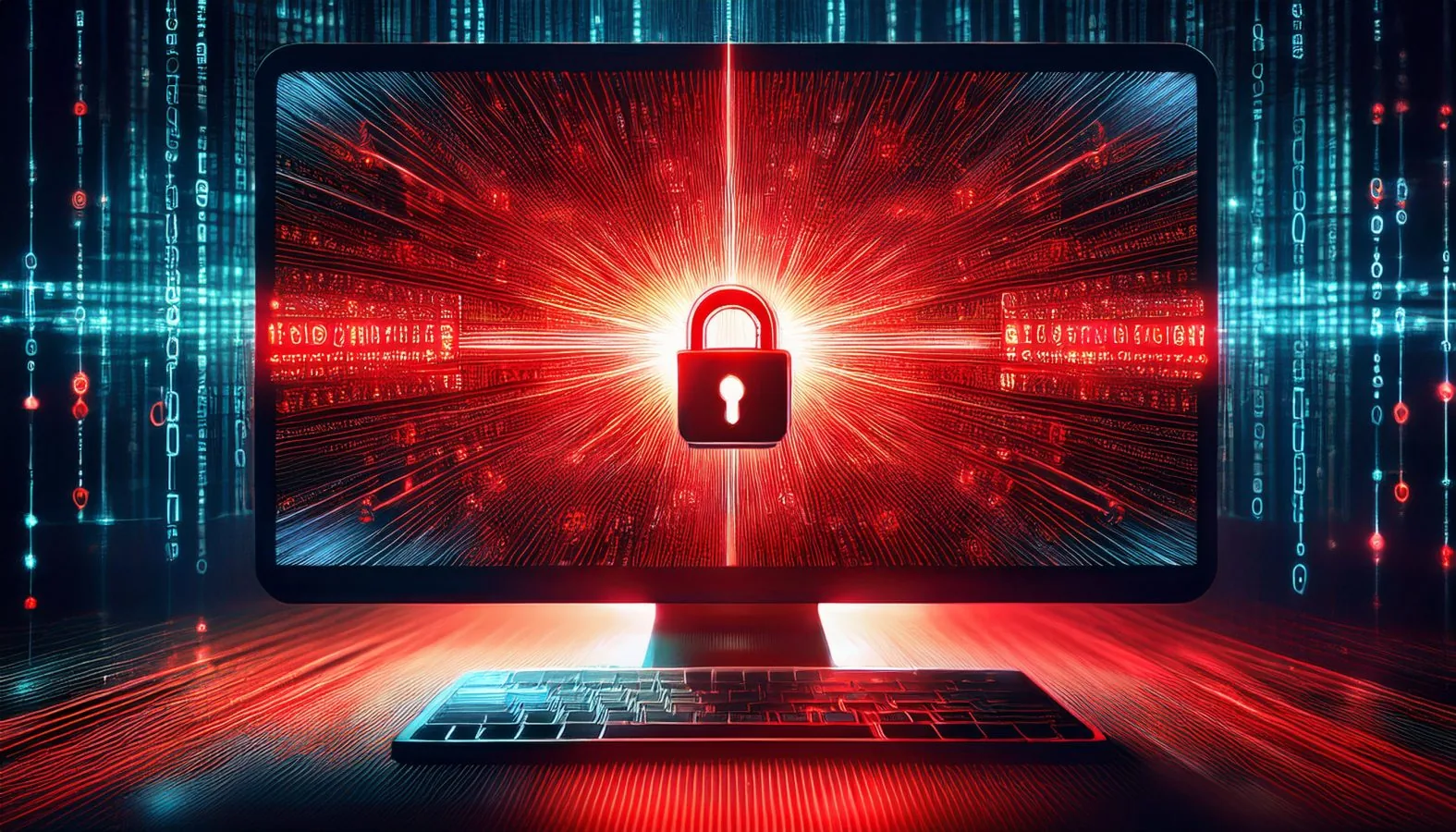 An illustration of a computer monitor displaying a glowing red padlock with radiating light beams.
