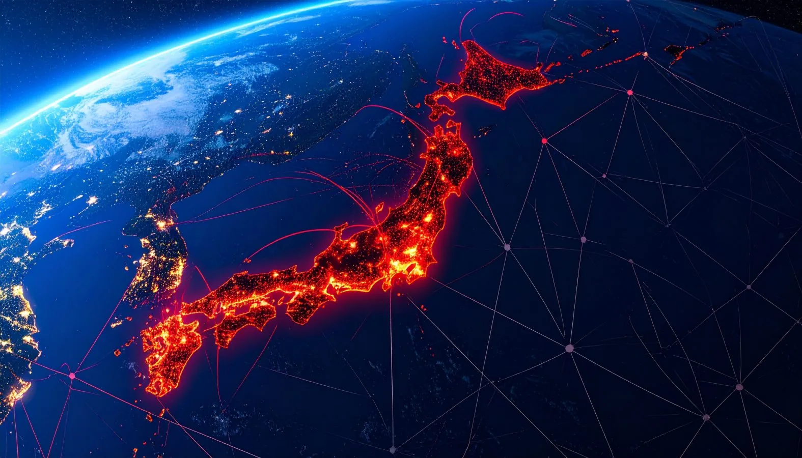 A stylized digital globe showing Japan highlighted in glowing red with network connection lines.