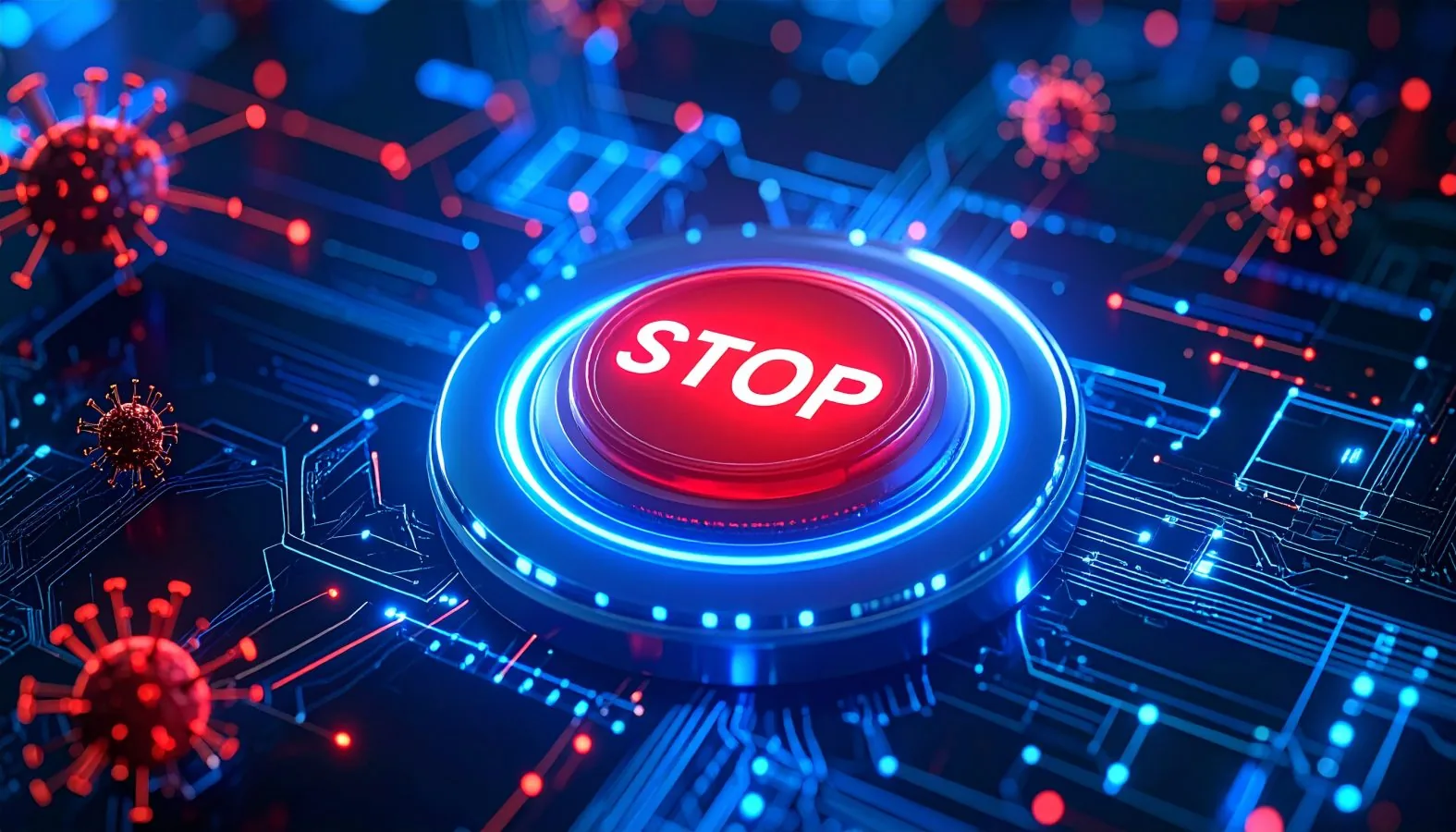 A glowing red STOP button on a blue circuit board surrounded by red virus particles, representing a kill switch.