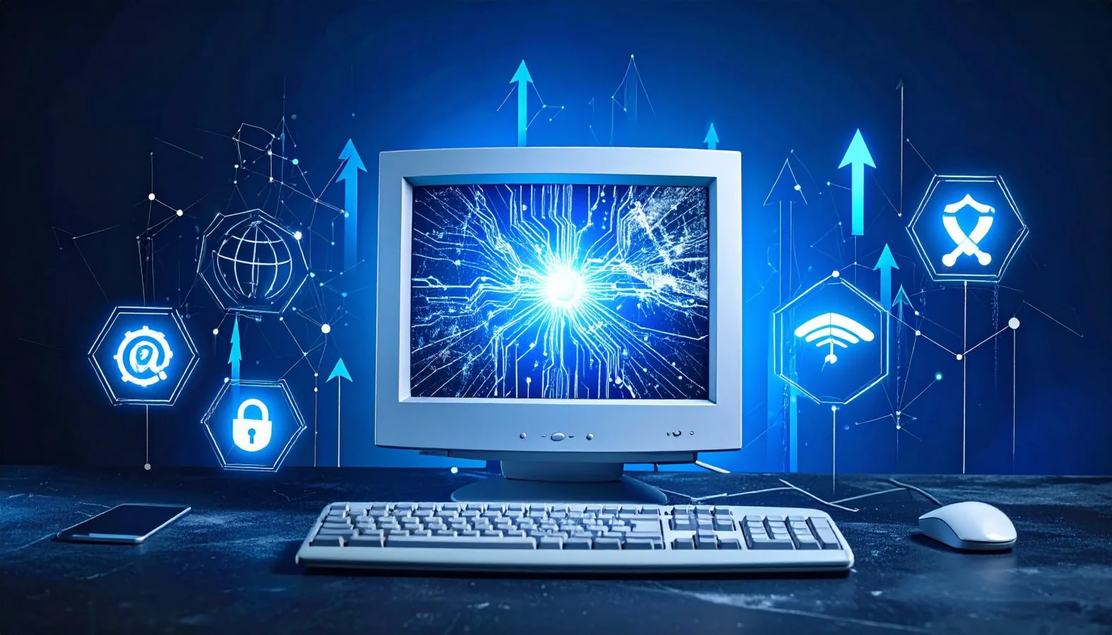 An illustration of a retro computer monitor displaying a glowing blue circuit pattern, surrounded by security icons.