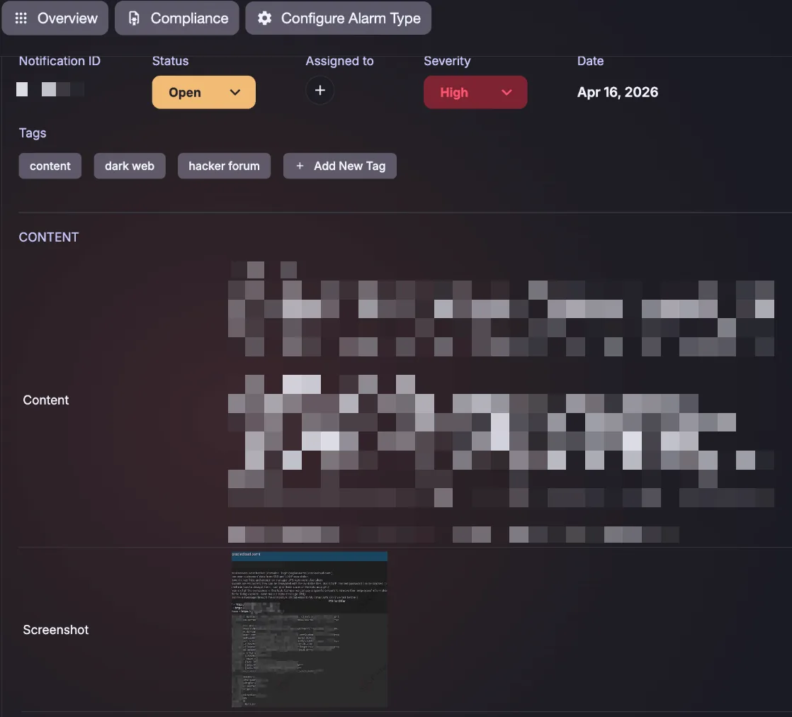 Example of a dark web monitoring alert