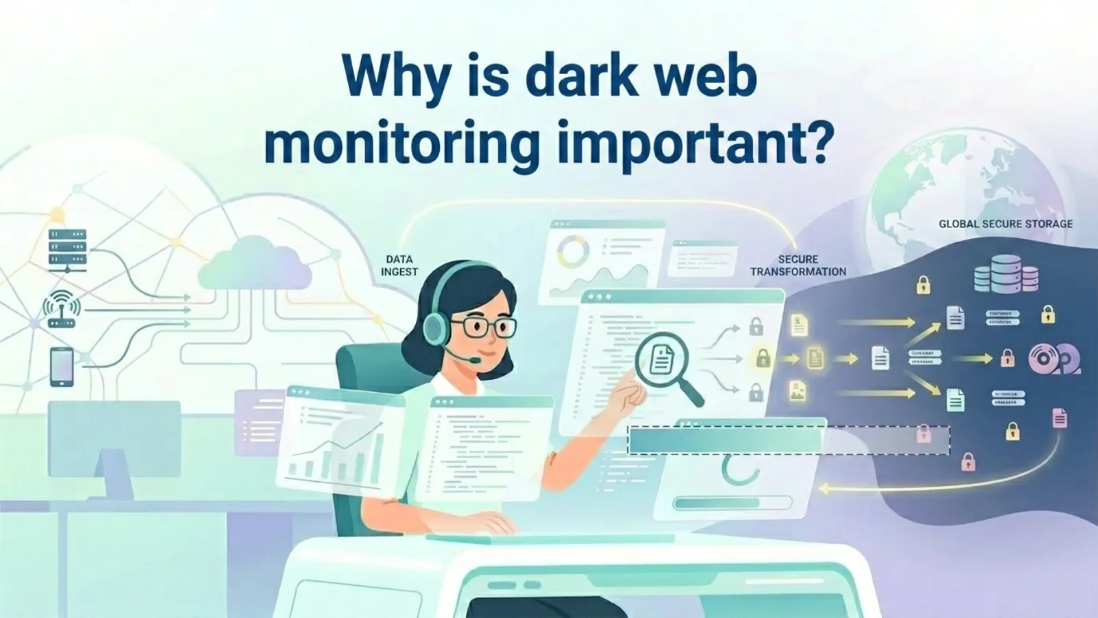 An illustration of a security analyst with the text "Why is dark web monitoring important?" and a data flow diagram.