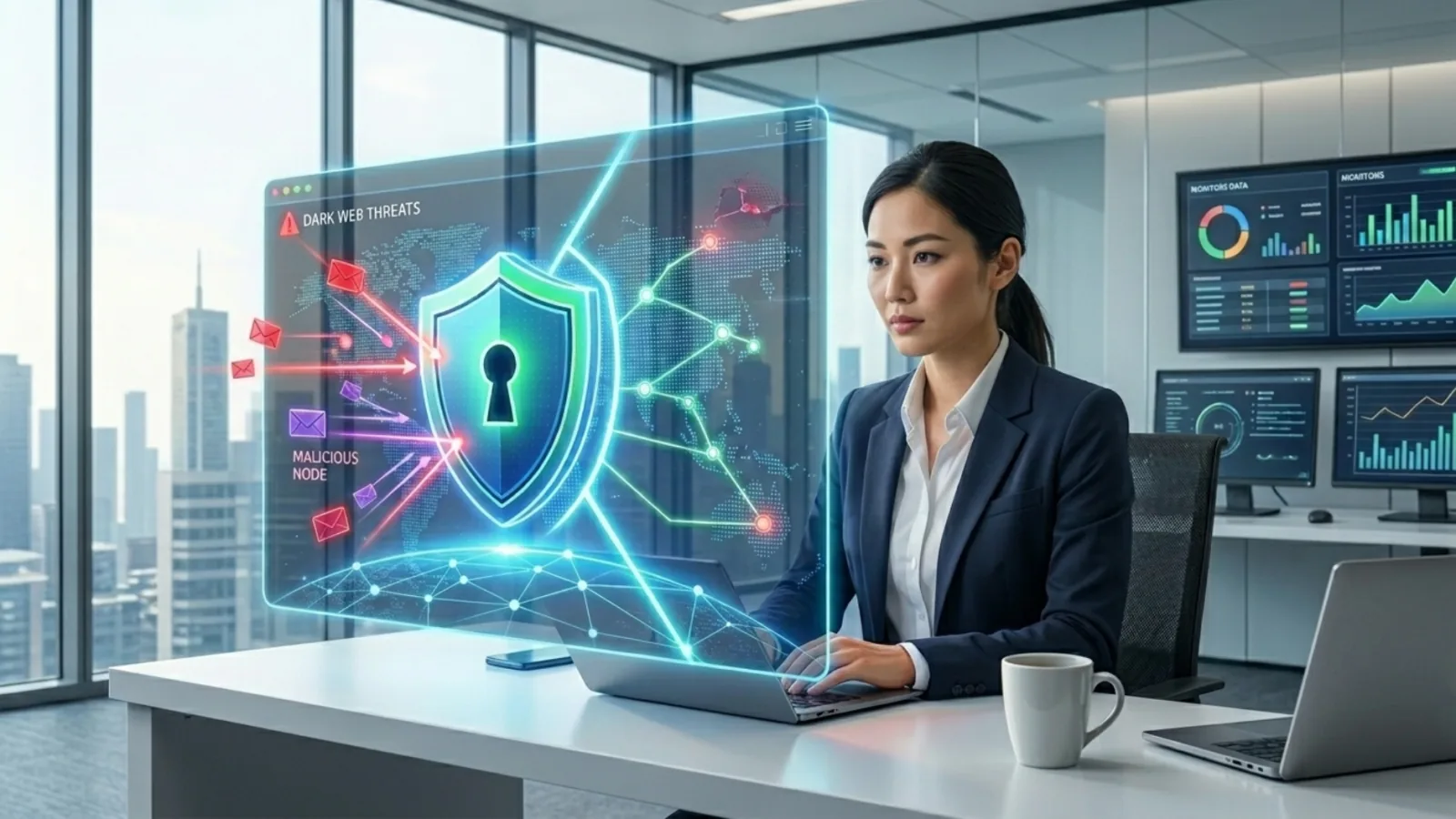 A woman in an office looks at a holographic screen showing a security shield blocking 'DARK WEB THREATS'.