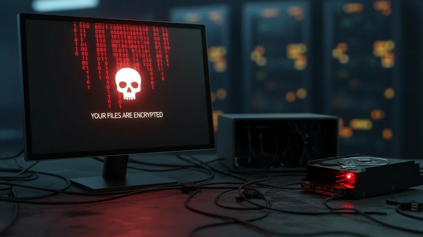 「YOUR FILES ARE ENCRYPTED」と表示された、ドクロマークのランサムウェア画面が映るモニター。
