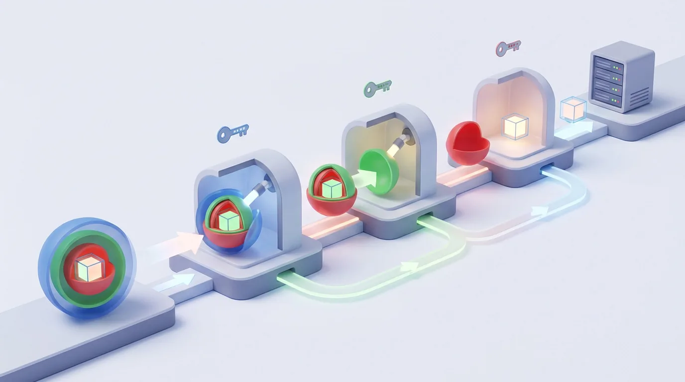 A conceptual diagram of onion routing showing a data cube losing layers of encryption at each network node.