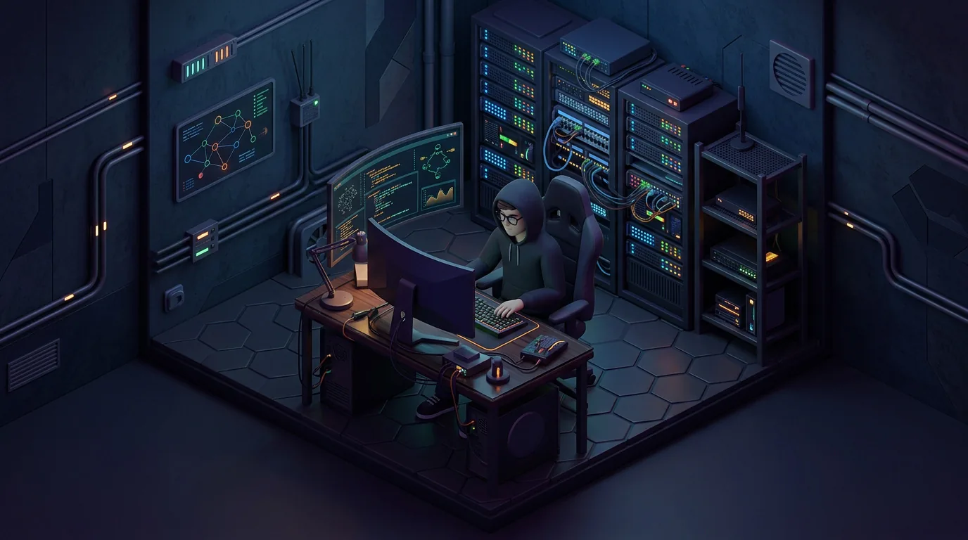 Isometric illustration of a hooded person typing on a computer in a dark server room.