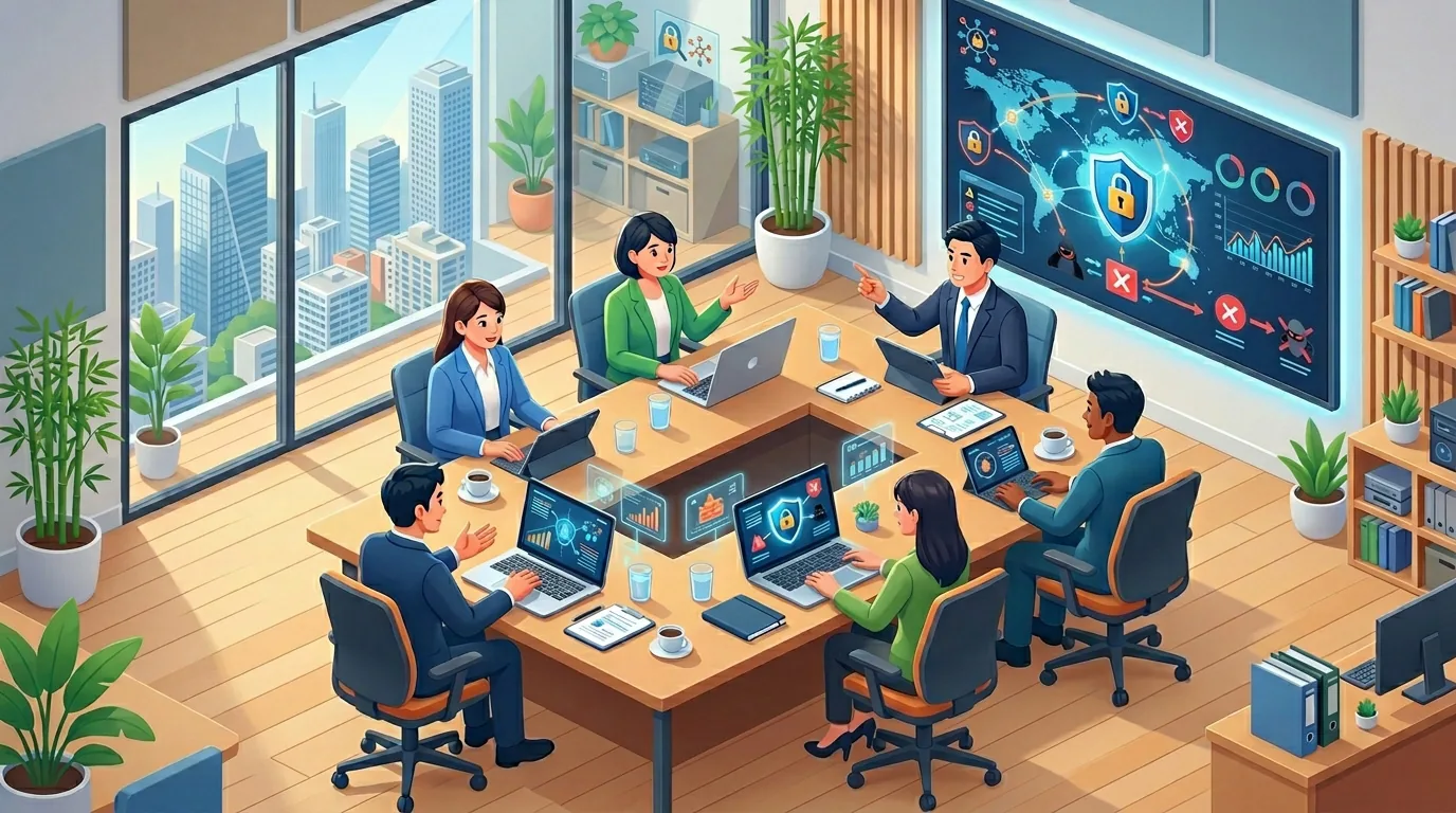 An illustration of a corporate team analyzing cybersecurity threats on laptops and a large global map display.