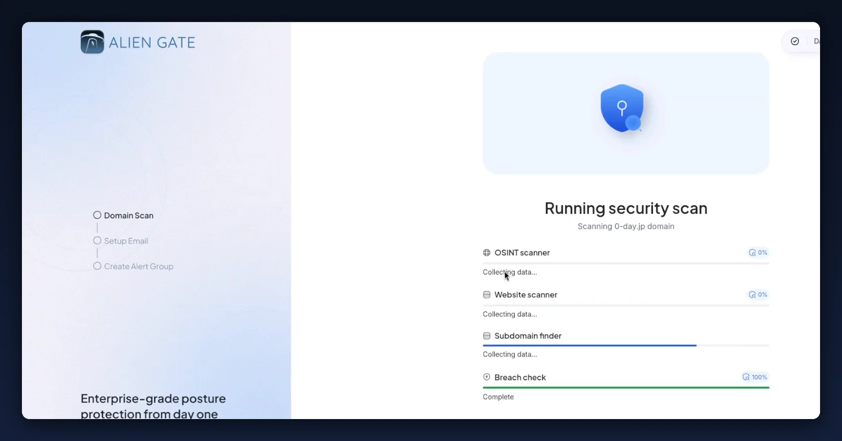 Onboarding security scan running OSINT, website, subdomain and breach checks