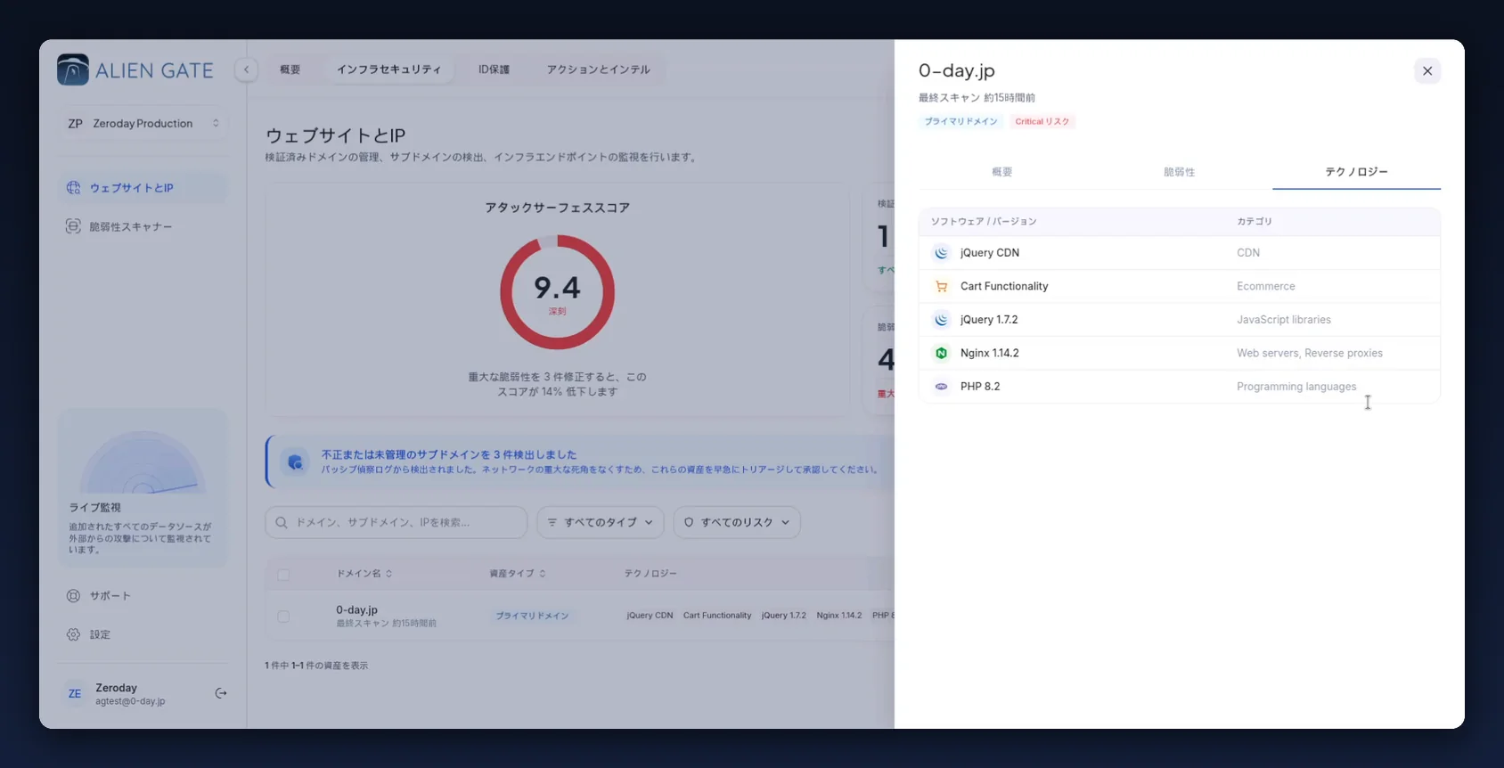 Asset drawer Technology tab listing detected software and versions