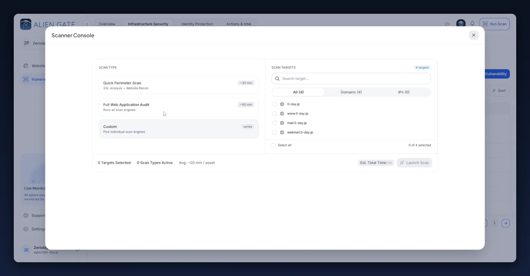 Scanner Console with the three scan types and the target list