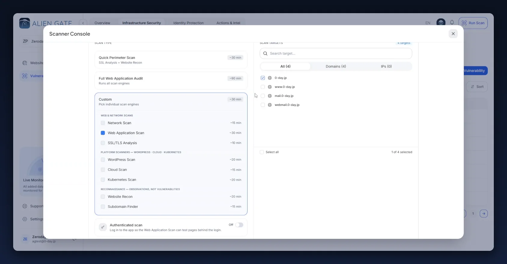 Custom scan type with only Web Application Scan ticked and one target selected