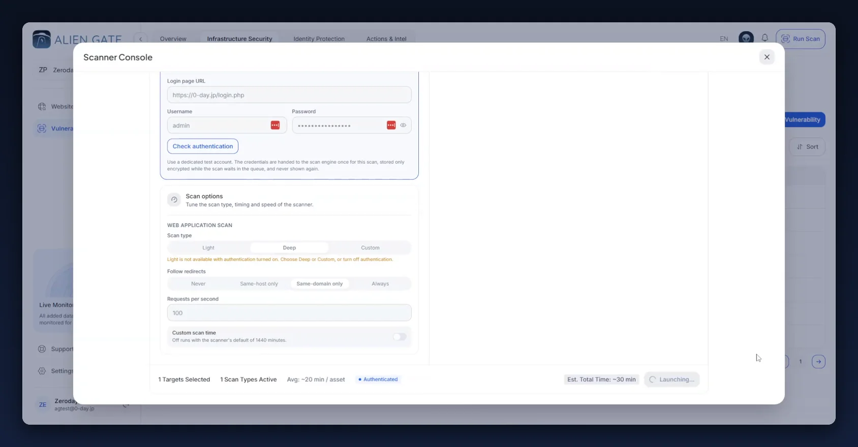 Scan options with Deep scan type, redirect policy and rate limit