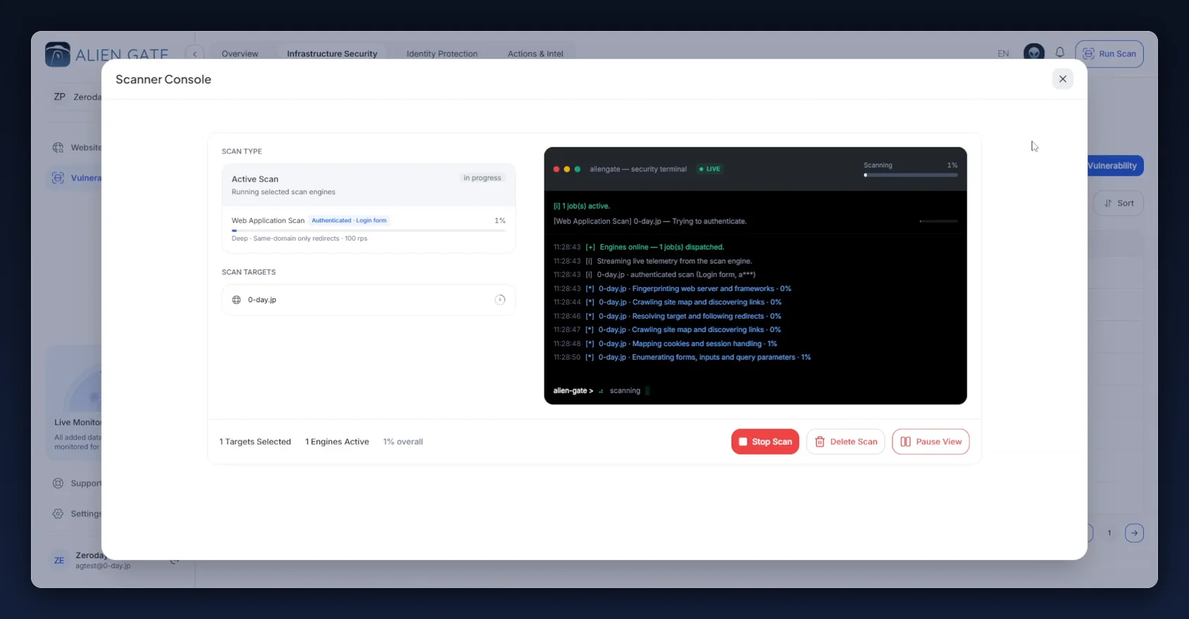 Live retest running in the AlienGate security terminal