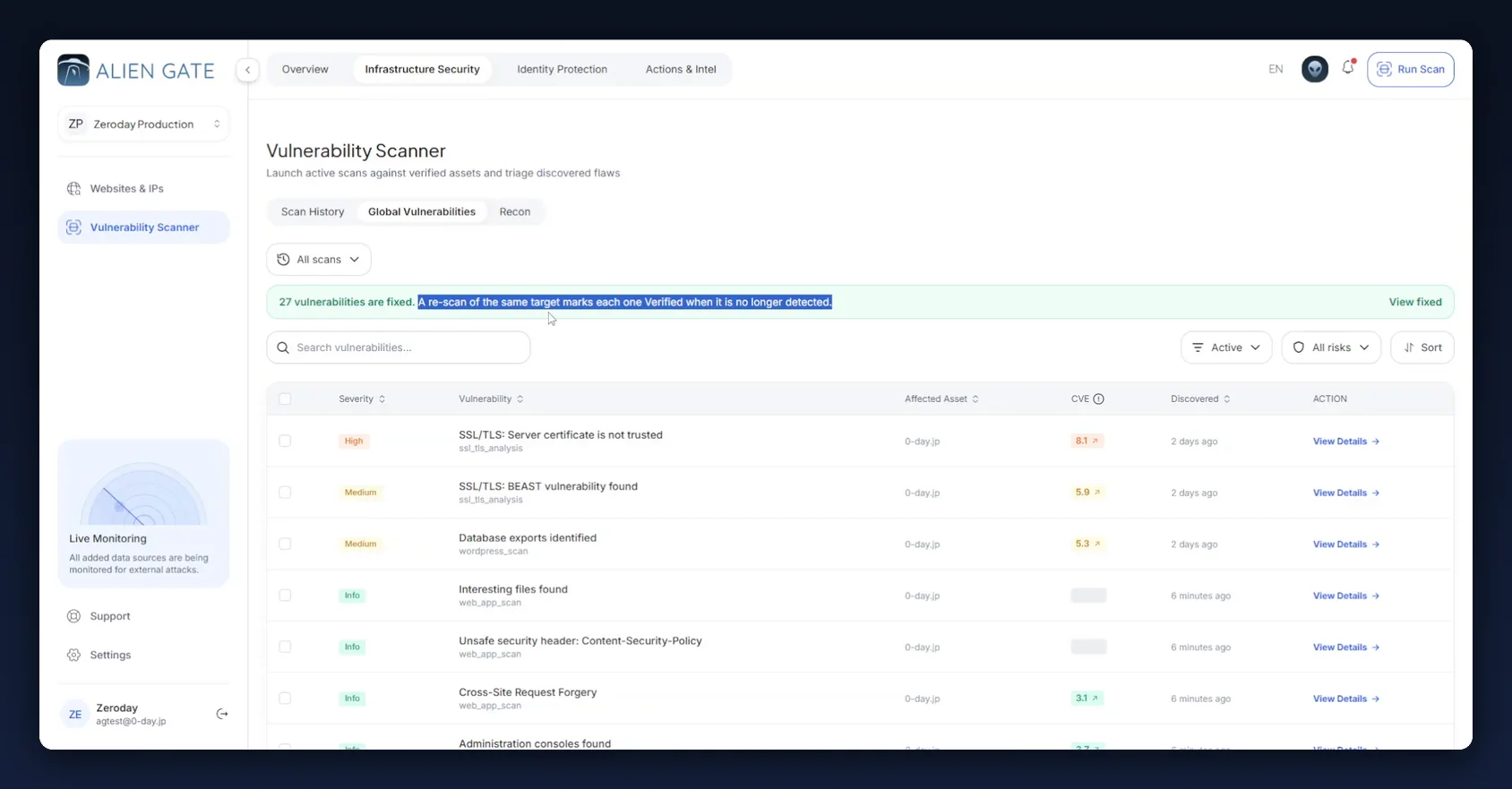 Global Vulnerabilities with the fixed-findings banner
