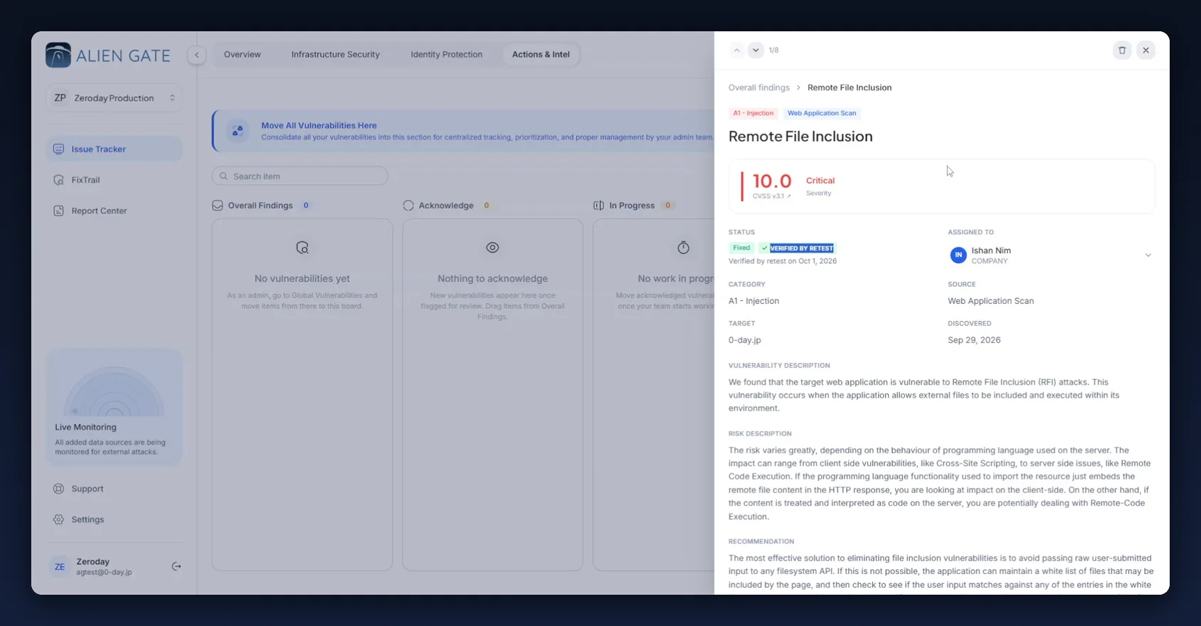Issue detail showing the Fixed and Verified by retest status