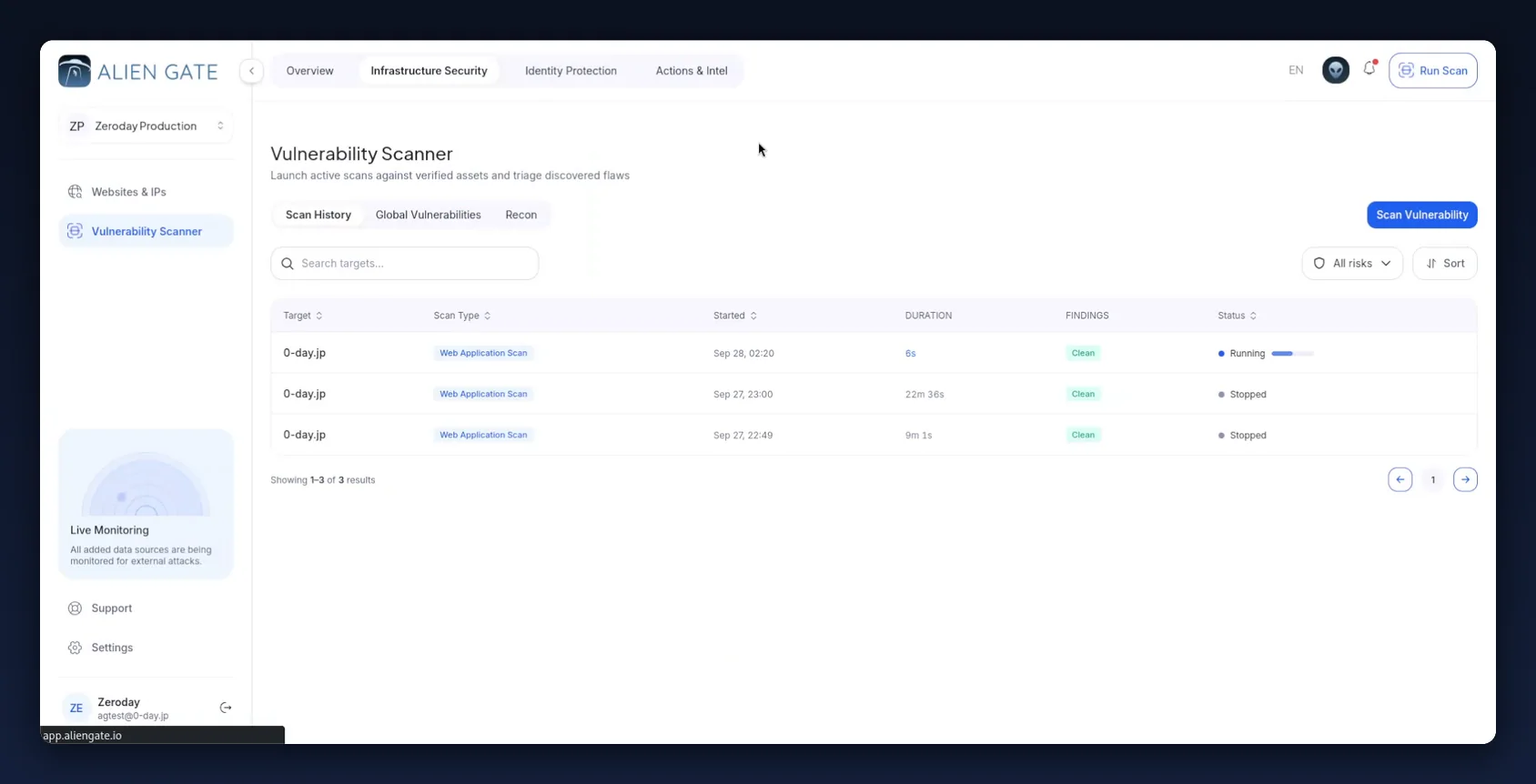 Vulnerability Scanner scan history with the Scan Vulnerability button