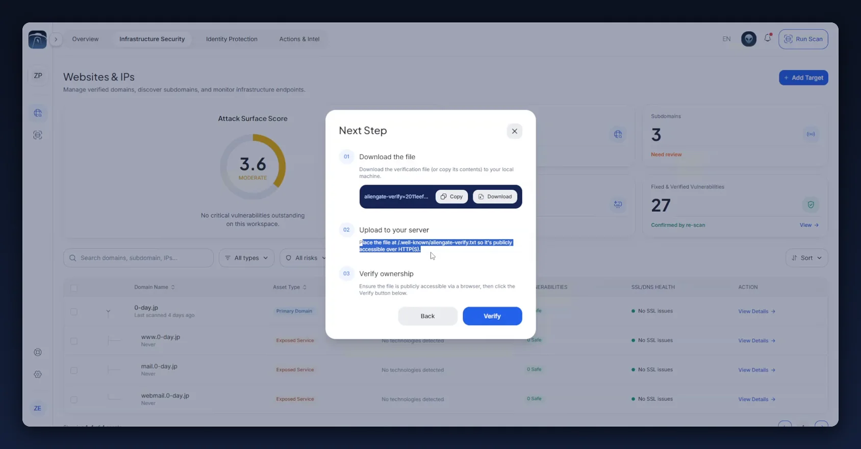 The Next Step panel: download the token file, publish it at /.well-known/aliengate-verify.txt, then verify