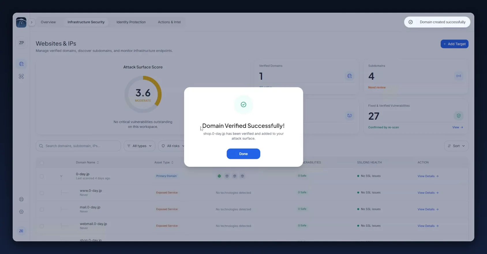 Domain Verified Successfully — the host has been added to the attack surface