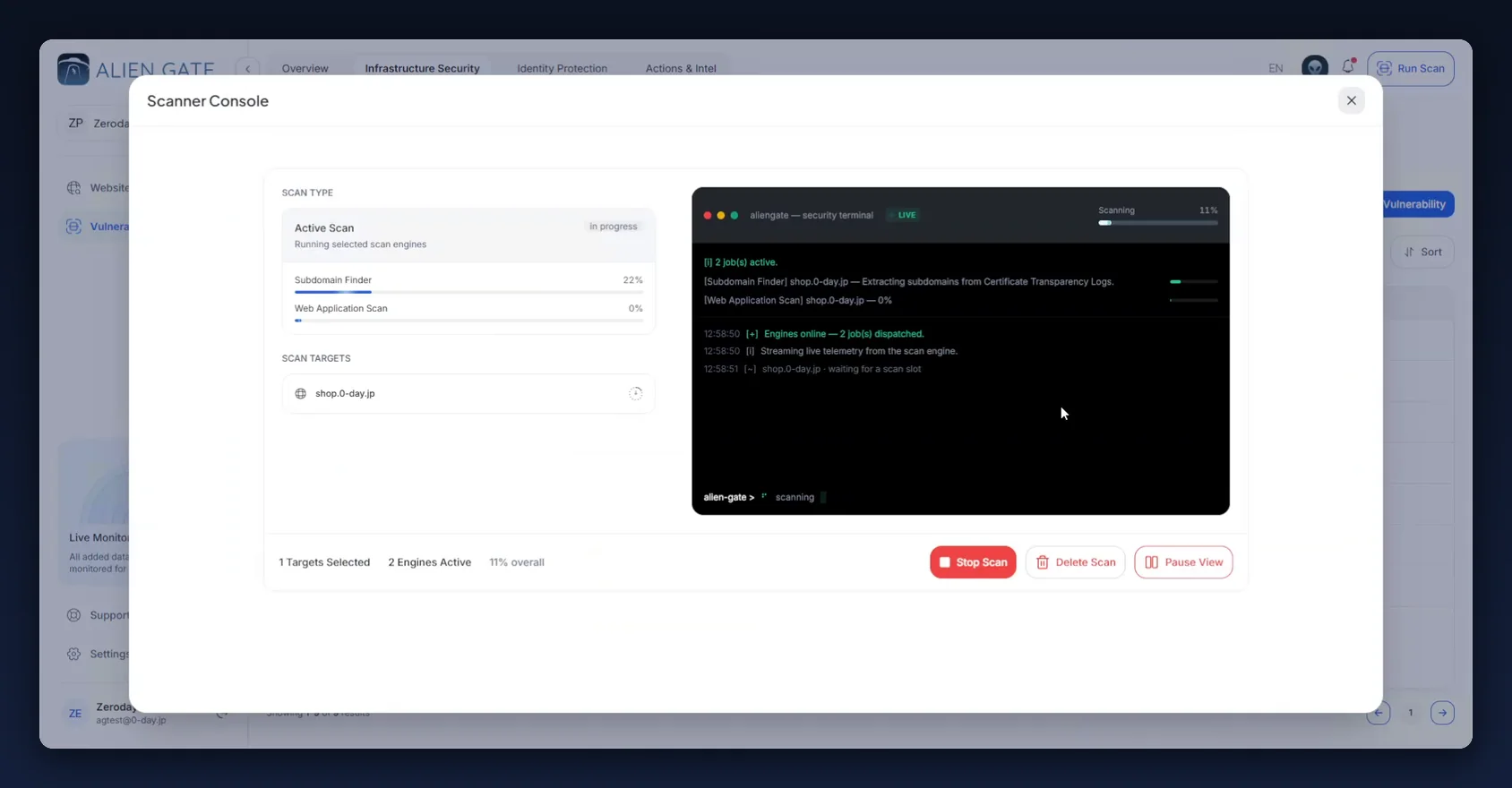 The live security terminal showing the Subdomain Finder discovery pass against the newly verified host