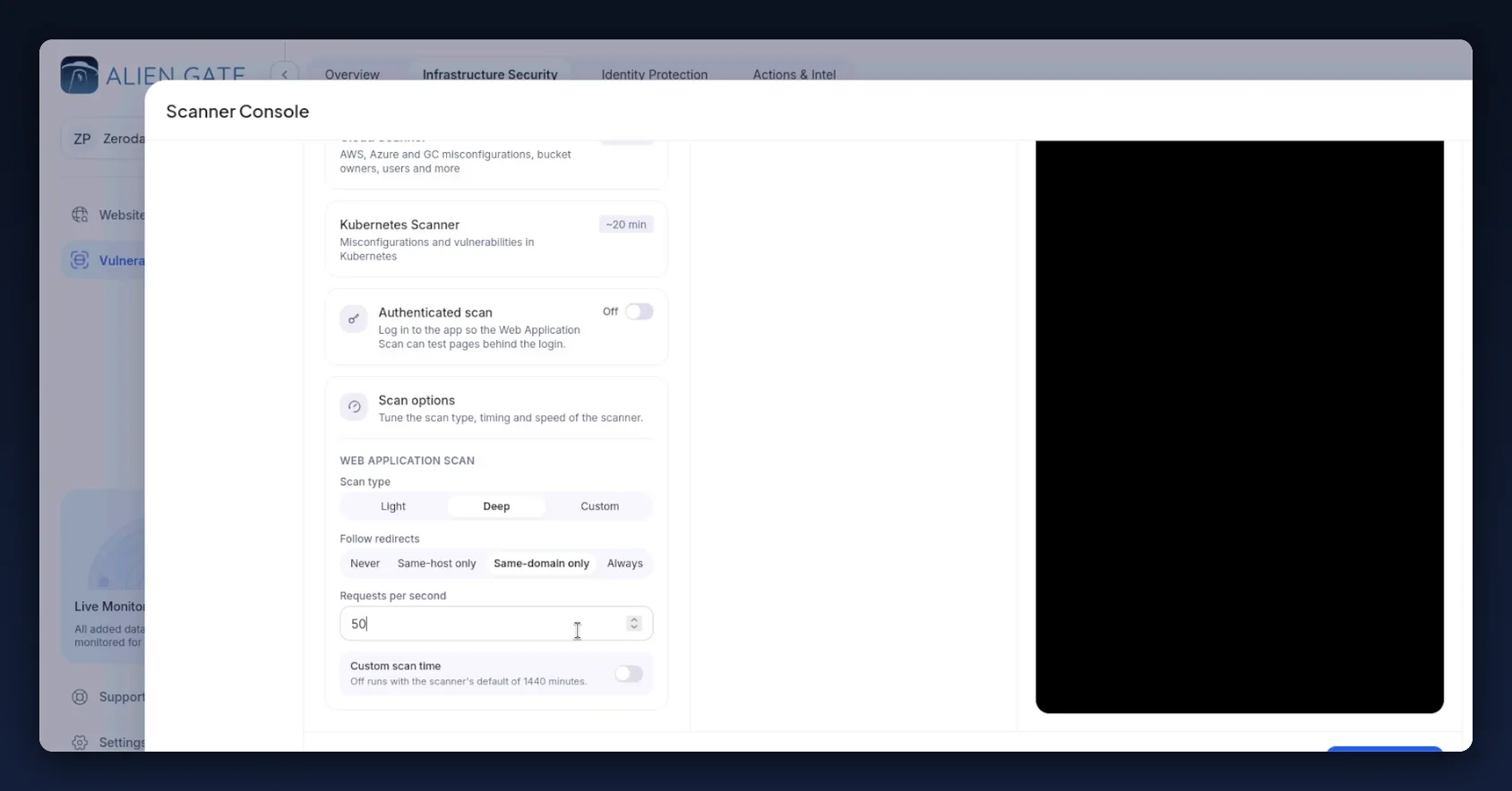 Scan options: scan type, follow redirects, requests per second and custom scan time