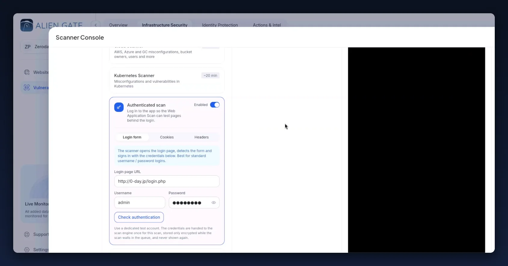Authenticated scan configuration with login page URL, username and password
