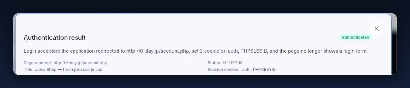 Authentication result confirming the scanner logged in successfully