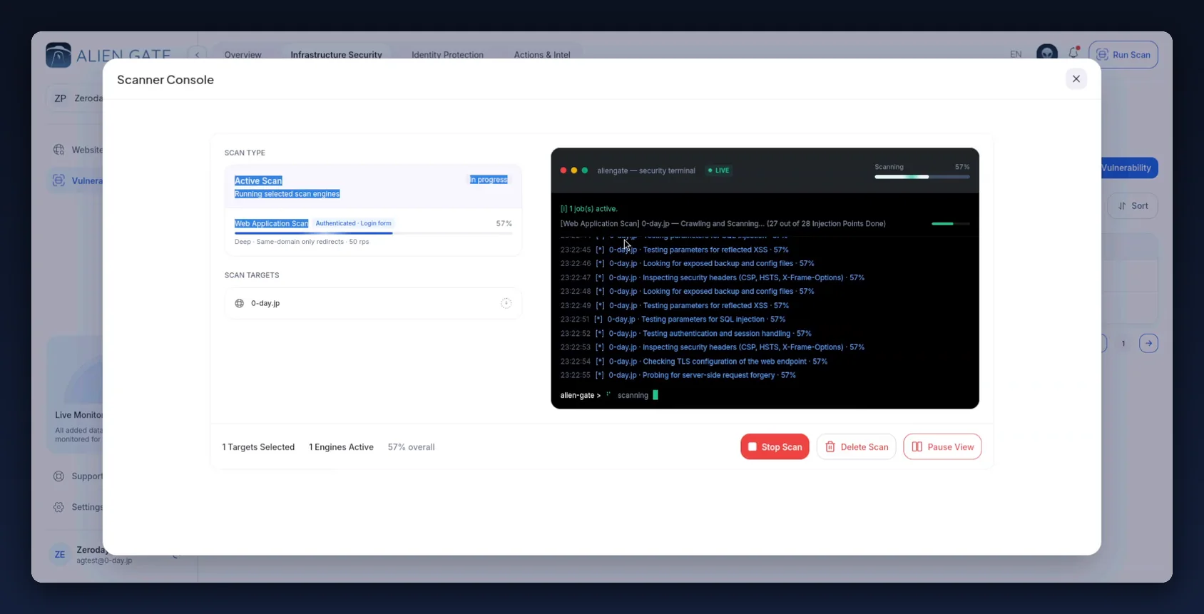 Live scanner console showing an authenticated deep scan at 57 percent